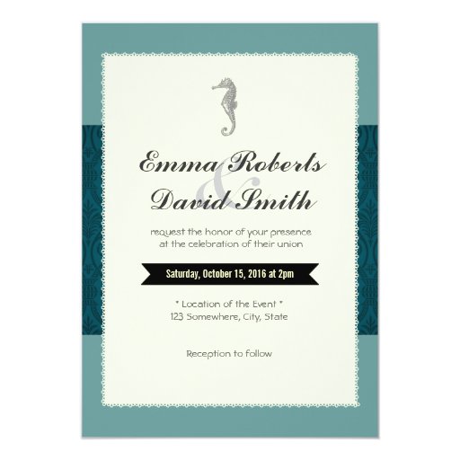 Classy Sea Horse Teal Damask Wedding Invitations 5" X 7" Invitation Card (front side)
