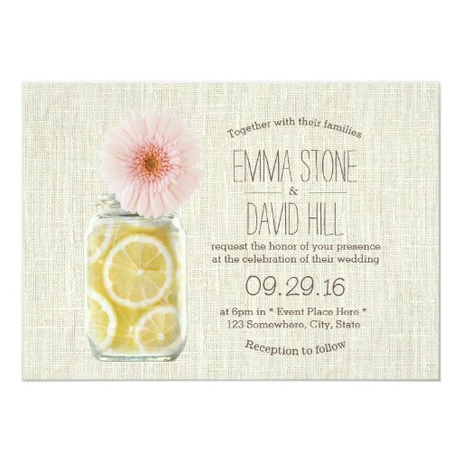 Rustic Pink Daisy & Lemons Jar Wedding 5x7 Paper Invitation Card