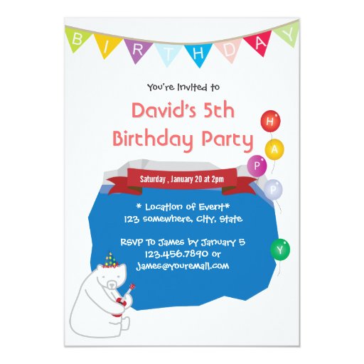 Happy Uke Polar Bear Ice Pool Birthday Invitations 5" X 7" Invitation Card (front side)