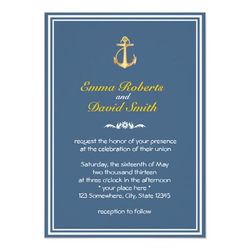 Gold Anchor Double Border Blue Wedding Invitations 5" X 7" Invitation Card