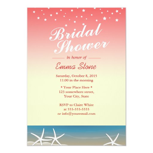 Stylish Pink Summer Beach Starfish Bridal Shower 5x7 Paper Invitation Card