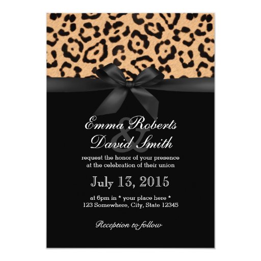 Modern Leopard Print Black Ribbon Wedding 5x7 Paper Invitation Card