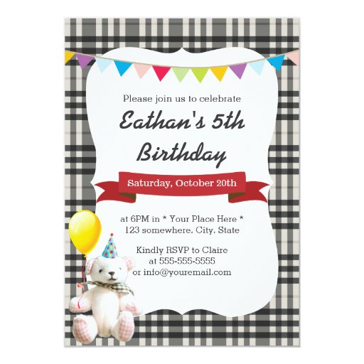 Cute Bear & Balloon Gray Gingham Birthday Party 5x7 Paper Invitation Card (front side)