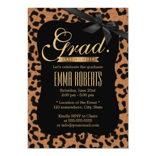 Chic Leopard Print Black Ribbon Graduation 5x7 Paper Invitation Card