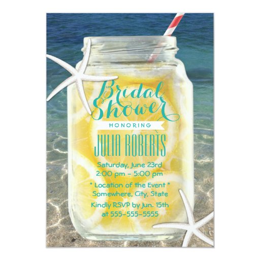 Beach Theme Mason Jar & Starfish Bridal Shower 5x7 Paper Invitation Card (front side)
