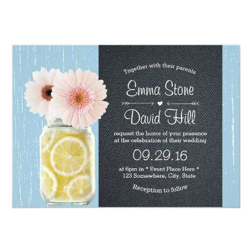 Rustic Daisy Flowers & Mason Jar Mint Blue Wedding 5x7 Paper Invitation Card