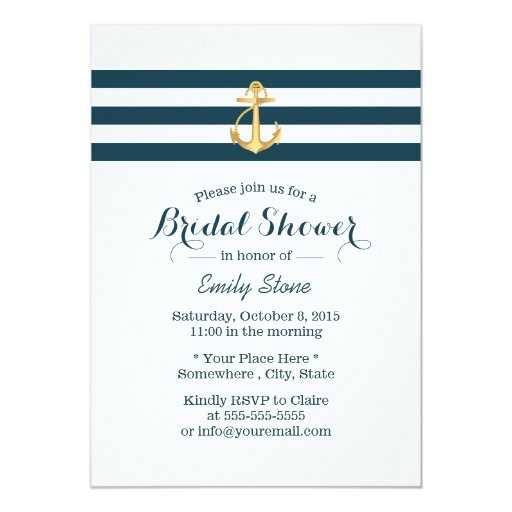 Gold Anchor Nautical Stripes Bridal Shower 5x7 Paper Invitation Card