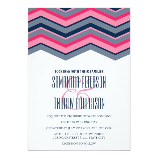 Modern neon pink navy blue chevron Wedding 5x7 Paper Invitation Card