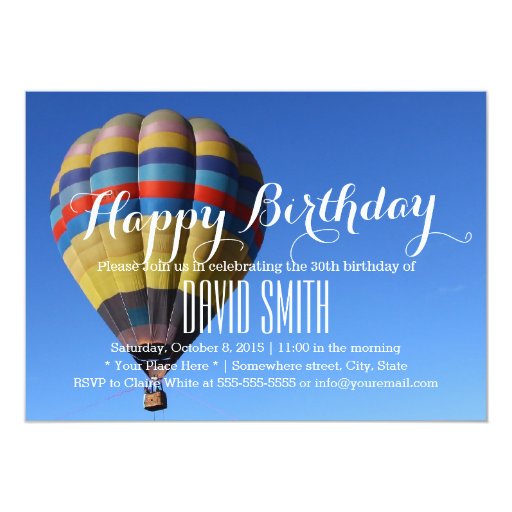 Blue Sky Hot Air Balloon Birthday Party 5x7 Paper Invitation Card (front side)