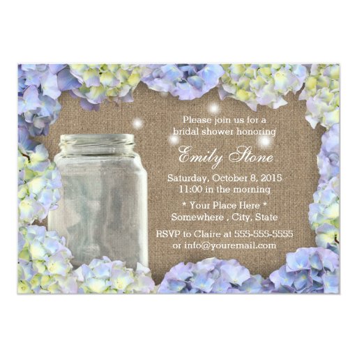 Rustic Burlap Mason Jar & Hydrangea Bridal Shower 5x7 Paper Invitation Card