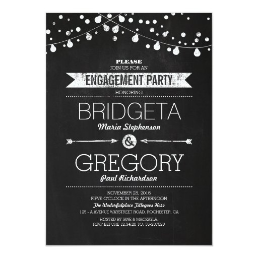 Modern Chalkboard String Lights Engagement Party 5x7 Paper Invitation Card