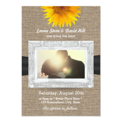 Country Sunflower & Burlap Custom Photo Wedding 5x7 Paper Invitation Card (front side)