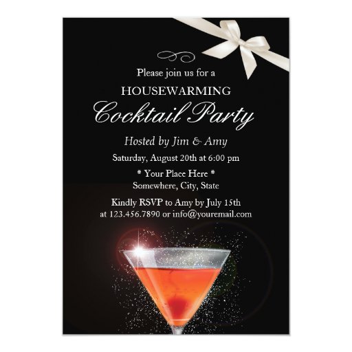 Elegant Ivory Ribbon Housewarming Cocktail Party 5x7 Paper Invitation Card (front side)