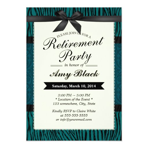 Teal Zebra Stripes Retirement Party Invitations 5" X 7" Invitation Card (front side)