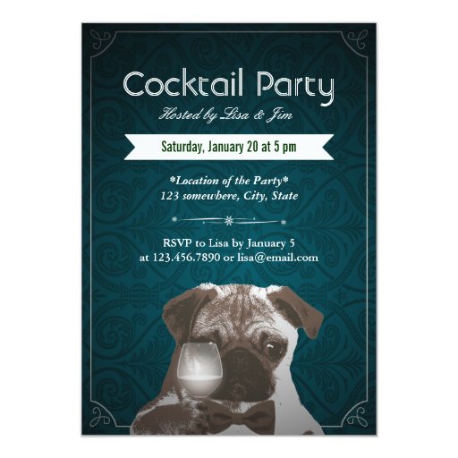 Teal Damask Pug & Wine Cocktail Party Invitations 5" X 7" Invitation Card (front side)