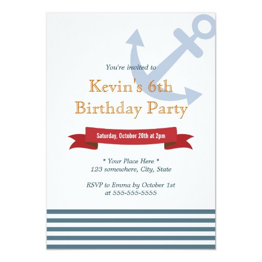 Nautical Anchor Blue Stripes Birthday Invitations 5" X 7" Invitation Card