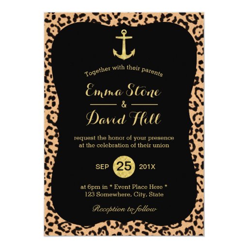 Modern Gold Anchor Leopard Print Wedding 5x7 Paper Invitation Card (front side)