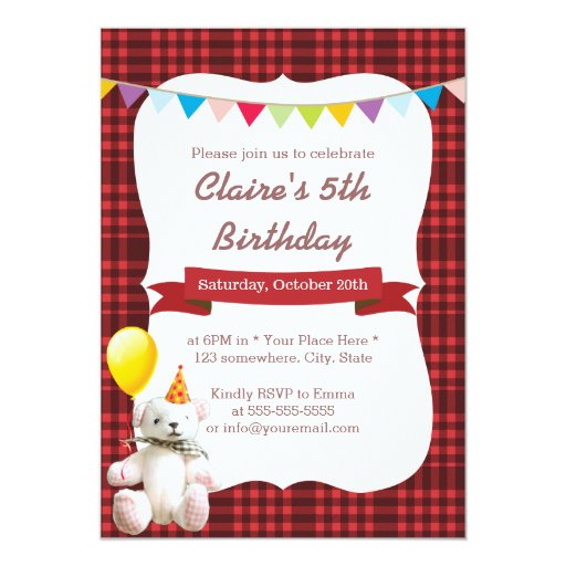 Cute Bear & Balloon Red Gingham Birthday Party 5x7 Paper Invitation Card
