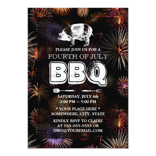 Fireworks July 4th Pig Roast BBQ Party 5x7 Paper Invitation Card (front side)