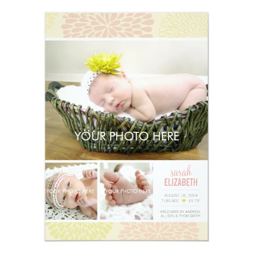 Elegant Baby Girl Photo Birth Announcement Flowers 5" X 7" Invitation Card (front side)