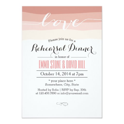Modern Script Love Coral Stripes Rehearsal Dinner 5x7 Paper Invitation Card (front side)