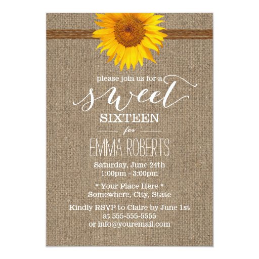 Country Sunflower & Twine Burlap Sweet Sixteen 5x7 Paper Invitation Card (front side)