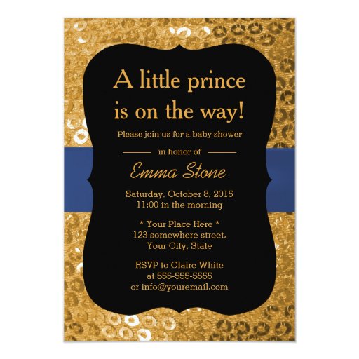 Royal Blue Ribbon Black & Gold Baby Shower 5x7 Paper Invitation Card (front side)