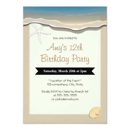 Starfish & Seashell Beach Theme Birthday Invites 5" X 7" Invitation Card (front side)