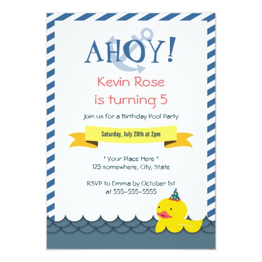 Rubber Duck Nautical Birthday Party Invitations 5" X 7" Invitation Card (front side)