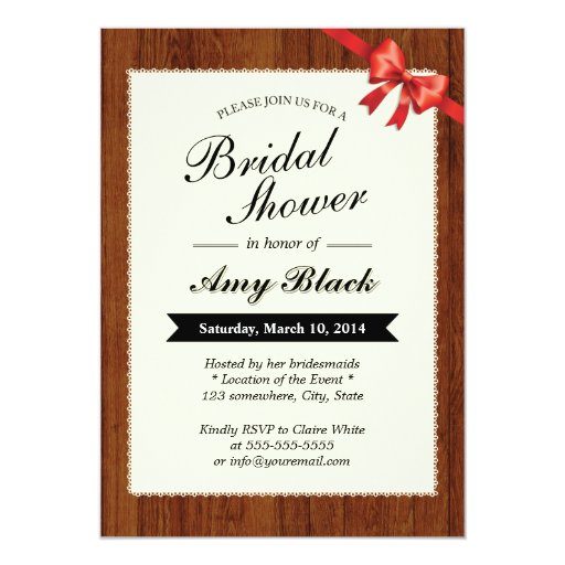 Wood Texture Bridal Shower Invites with Red Ribbon 5" X 7" Invitation Card