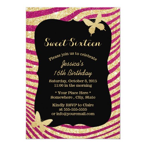 Gold & Pink Zebra Stripes Butterfly Sweet 16 5x7 Paper Invitation Card (front side)