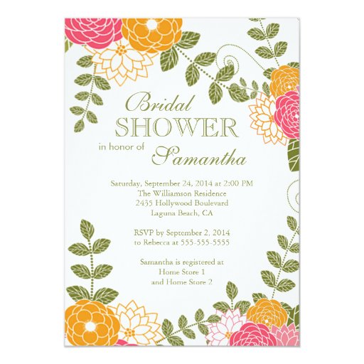 Modern Floral  Zinnia & Mums Flower Bridal Shower 5x7 Paper Invitation Card (front side)