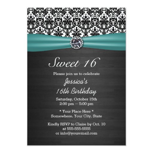 Classy Damask Teal Ribbon & Dark Wood Sweet 16 5x7 Paper Invitation Card (front side)