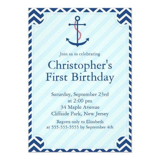 Modern Nautical Sailboat Anchor Birthday Party 5x7 Paper Invitation Card (front side)