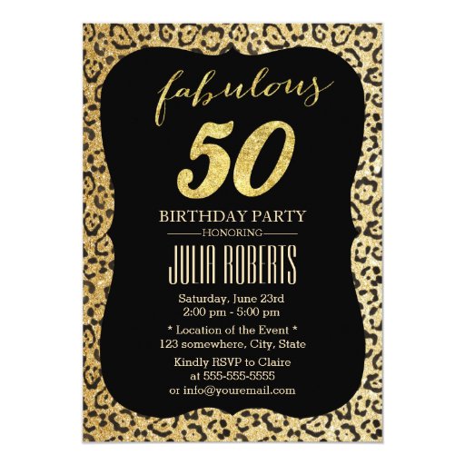Modern Gold Leopard Print Fabulous 50 Birthday 5x7 Paper Invitation Card (front side)