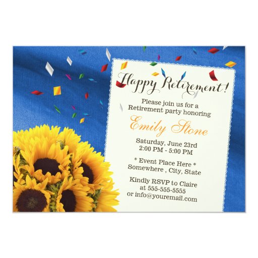 Royal Blue Confetti Sunflowers Retirement Party 5x7 Paper Invitation Card (front side)