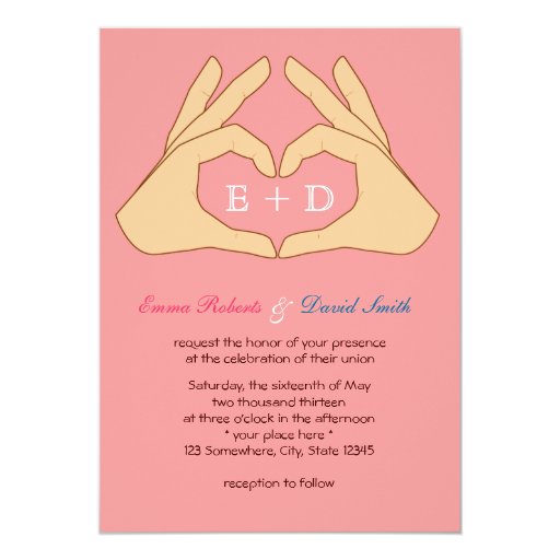 Simple Hand Heart Pink Wedding Invitations 5" X 7" Invitation Card