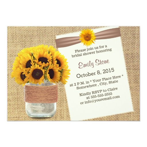 Country Burlap Mason Jar Sunflowers Bridal Shower 5x7 Paper Invitation Card (front side)