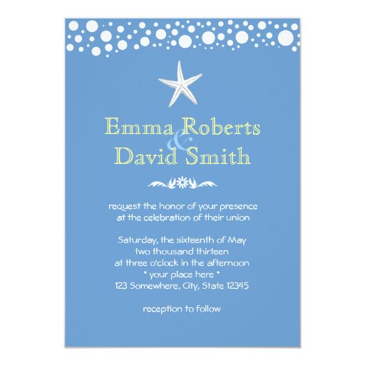 Ocean Blue White Dots Starfish Wedding Invites 5" X 7" Invitation Card