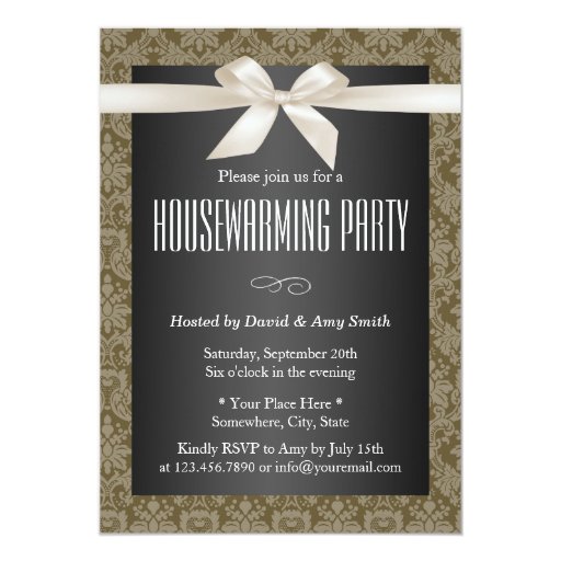 Elegant Damask Ivory Ribbon Housewarming Party 5x7 Paper Invitation Card (front side)