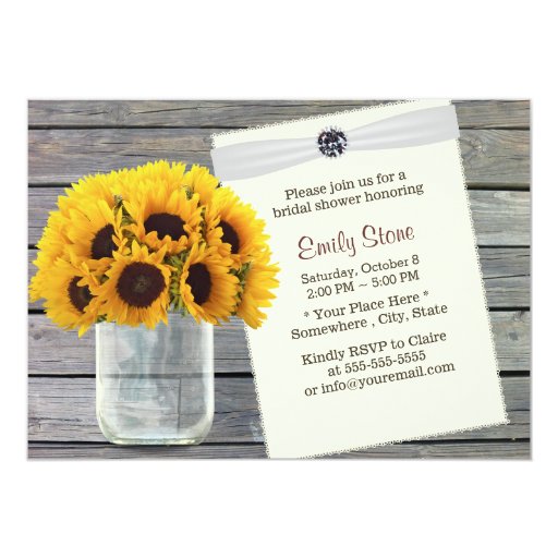 Sunflower & Mason Jar Barn Wood Bridal Shower 5x7 Paper Invitation Card (front side)