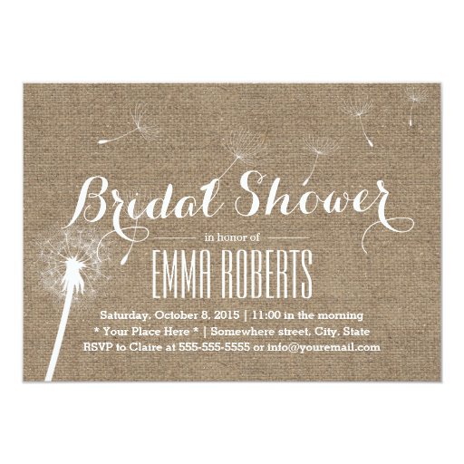 Rustic Burlap Dandelion Blowing Bridal Shower 5x7 Paper Invitation Card