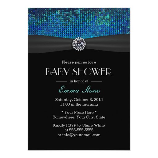 Chic Teal & Blue Paillettes Diamond Baby Shower 5x7 Paper Invitation Card