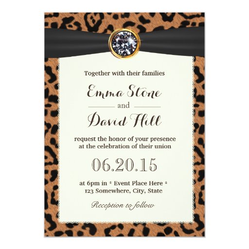 Bright Diamond Black Ribbon Leopard Print Wedding 5x7 Paper Invitation Card