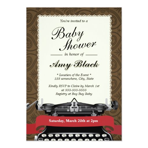 Stylish Damask Typewriter Baby Shower Invitations 5" X 7" Invitation Card