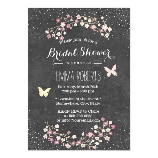 Vintage Chalkboard Butterfly Floral Bridal Shower 5x7 Paper Invitation Card