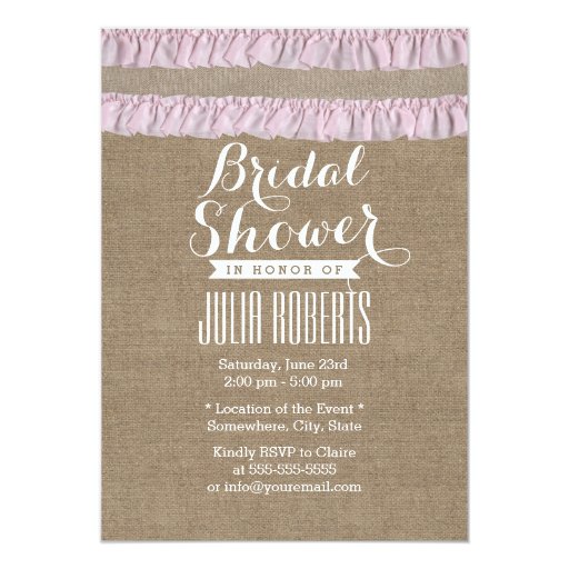 Pink Ruffle Lace Burlap Bridal Shower 5x7 Paper Invitation Card