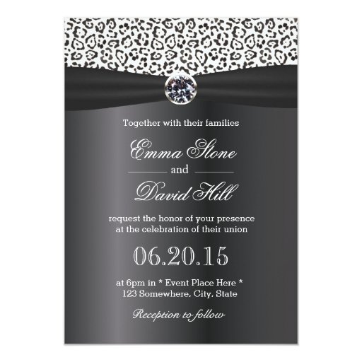 Classy Snow Leopard Print Black Ribbon Wedding 5x7 Paper Invitation Card