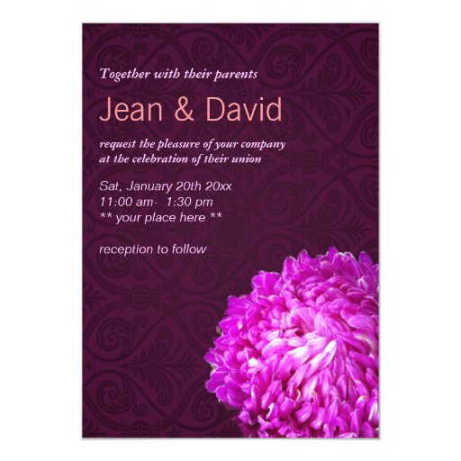 Stylish Purple Flowers Damask Wedding Invitation 5" X 7" Invitation Card