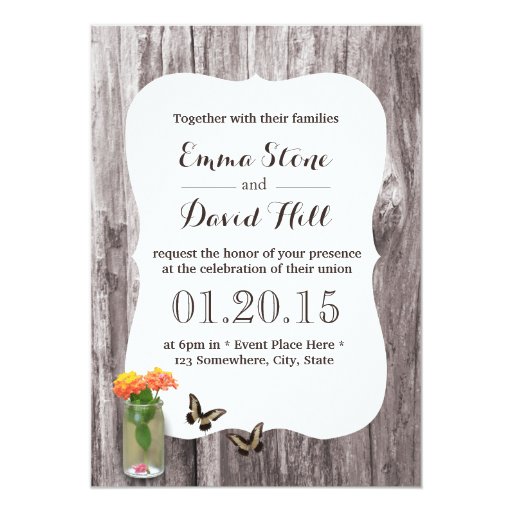 Rustic Mason Jar & Butterfly Wood Wedding 5x7 Paper Invitation Card (front side)